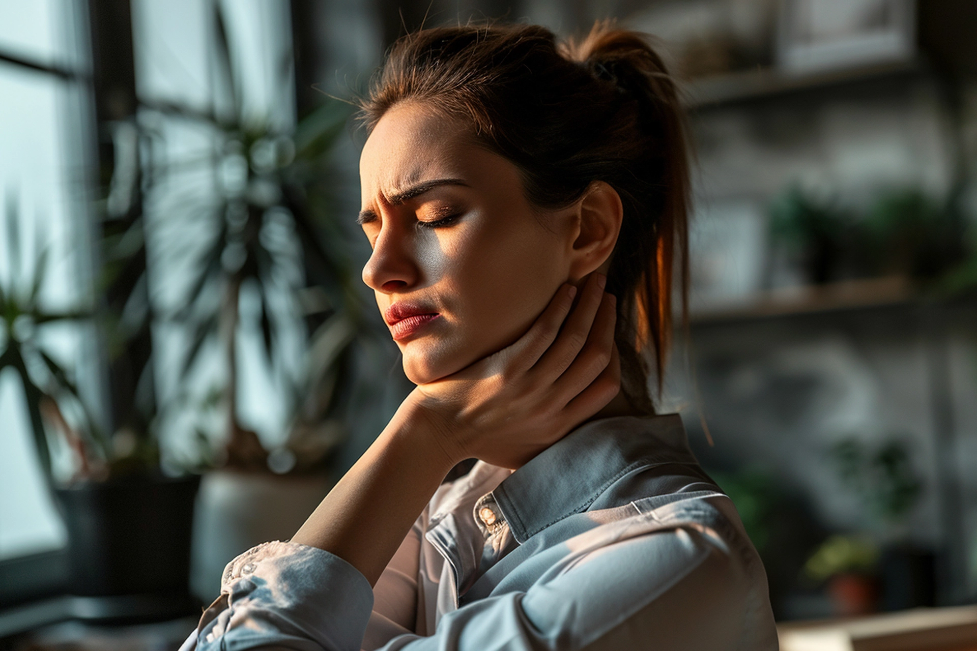 mujer con la mano en el cuello pudiendo señalar problemas en el menisco mandibular que puede ser tratado en la clínica dental en Pamplona Pérez Paniagua