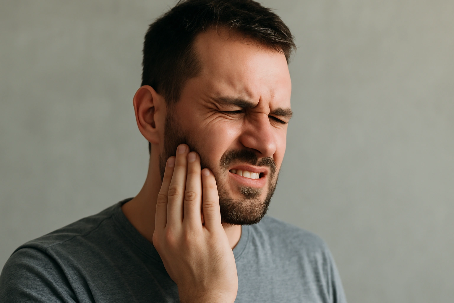 Hombre con dolor de mandibula por apretar los dientes, necesita una revisión de bruxismo en la clínica dental Dr. Pérez Paniagua de Pamplona