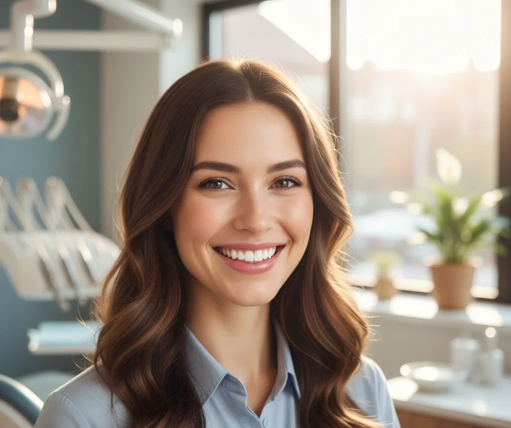 Mujer sonriendo en el consultorio de la clinica dental Dr. Pérez Paniagua en Pamplona, después de averiguar qué es el smile glow up como tratamiento dental.