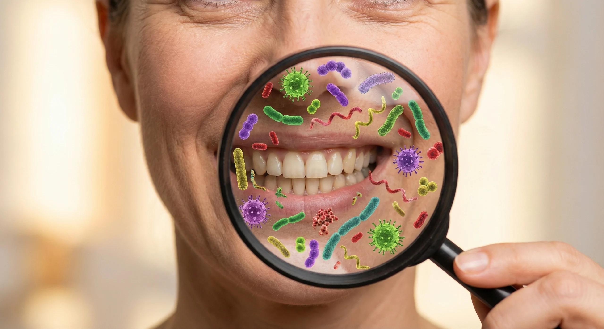 Mujer sonriendo haciendo zoom para ver las bacterias de la boca como imagen de disbiosis oral o microbiotica oral que puede ser tratada en la clínica dental Dr. Pérez Paniagua en Pamplona
